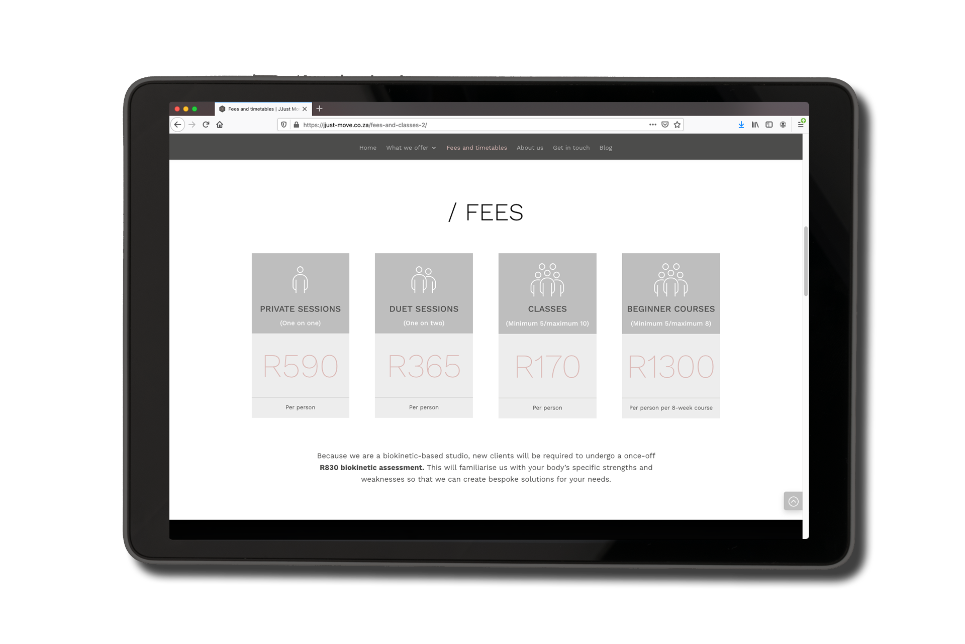 JJust Move website as viewed on a tablet.